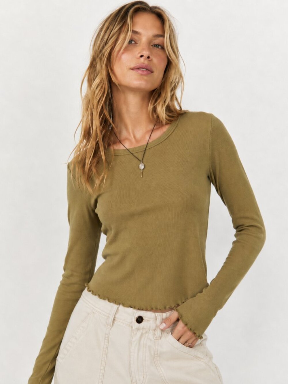 NWT Known Supply Jill Ribbed Long Sleeve Top Lemongrass Green Lettuce Hem Large